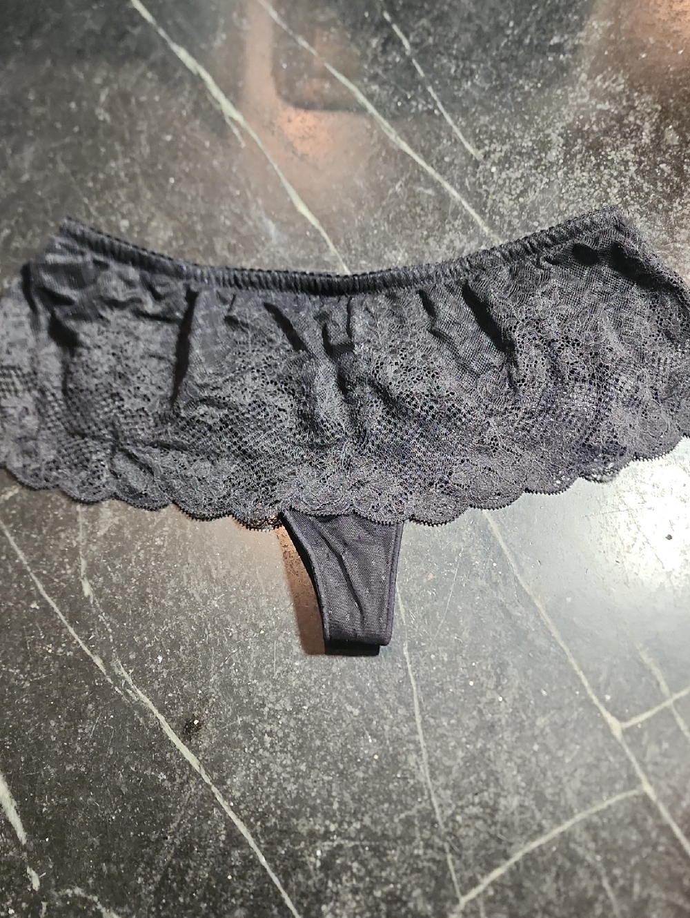 Dkny Black Sheer Thong With Black Lace Overlay Size Large EUC